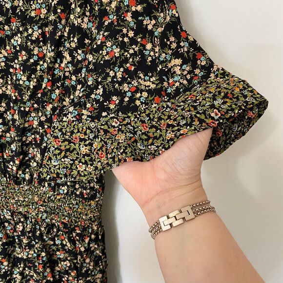 Zara Peasant Boho Black Multi Floral Tiered Ruffle Mini Sundress Tie Front Small - Picture 10 of 12